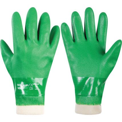 600, General Handling Gloves, Green, PVC Coating, Cotton Liner, Size 8