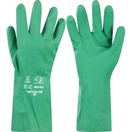 731, Chemical Resistant Gauntlet, Green, Nitrile, Cotton Flocked Liner, Size 9