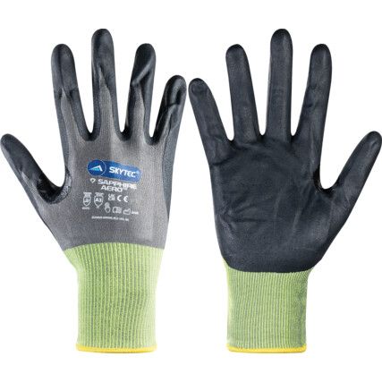 Sapphire Aero, Cut Resistant Gloves, Black/Green, EN388: 2016, 4, X, 4, 2, C, Nitrile Palm, HPPE, Size 10