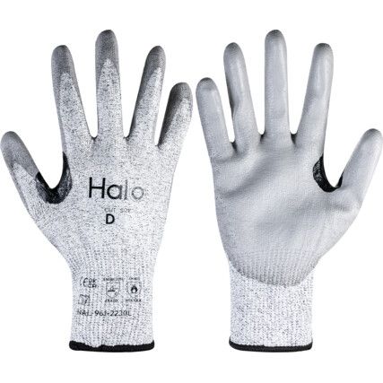 Cut Resistant Gloves, 13 Gauge Cut D, Size 8, Grey, Polyurethane Palm, EN388: 2016