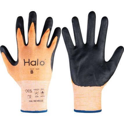 Cut Resistant Gloves, 13 Gauge Cut B, Size 8, Black & Orange, Nitrile Foam Palm, EN388: 2016