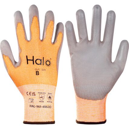 Cut Resistant Gloves, 13 Gauge Cut B, Size 7, Grey & Orange, Nylon-PU Palm, EN388: 2016