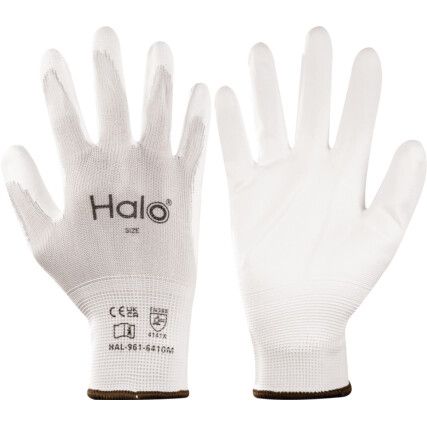 Mechanical Hazard Gloves, White, Nylon Liner, Polyurethane Coating, EN388: 2016, 4, 1, 4, 1, X, Size 6