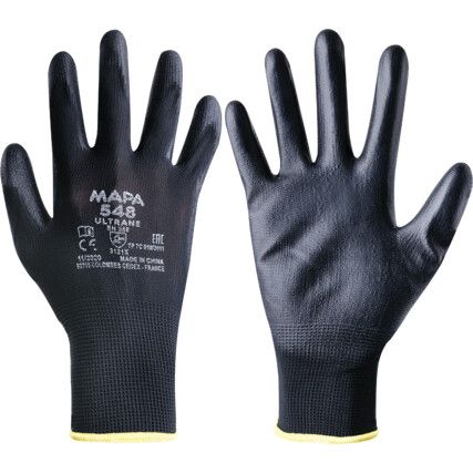 Ultrane 548 Mechanical Hazard Gloves, Black, Polyamide Liner, Polyurethane Coating, EN388: 2016, 3, 1, 2, 1, A, Size 8