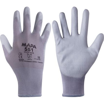 Ultrane 551 Mechanical Hazard Gloves, Grey, Polyamide Liner, Polyurethane Coating, EN388: 2016, 4, 1, 3, 1, X, Size 9