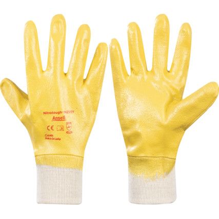 N250Y Nitrotough Mechanical Hazard Gloves, Yellow, Cotton Liner, Nitrile Coating, EN388: 2016, 4, 1, 1, 1, A, Size 9