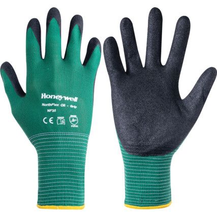 NF35 NorthFlex Oil-Grip™ Mechanical Hazard Gloves, Black/Green, Nylon Liner, Nitrile Coating, EN388: 2016, 3, 1, 2, 1, X, Size 11