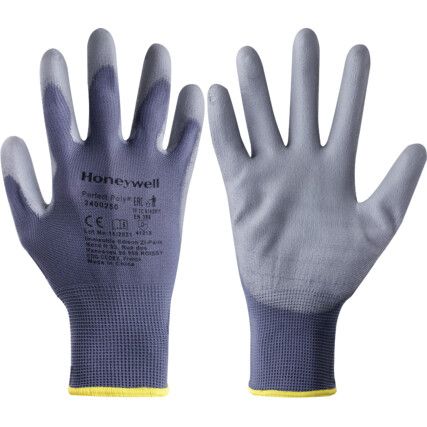 2400250 Perfect Poly Mechanical Hazard Gloves, Grey, Polyamide Liner, Polyurethane Coating, EN388: 2016, 4, 1, 2, 1, X, Size 9