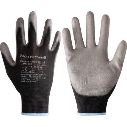 2400251 Perfect Poly Mechanical Hazard Gloves, Black/Grey, Polyamide Liner, Polyurethane Coating, EN388: 2016, 4, 1, 2, 1, X, Size 10