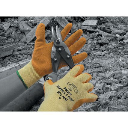 504-MAT Matrix Mechanical Hazard Gloves, Orange/Yellow, Cotton/Polyester Liner, Latex Coating, EN388: 2003, 2, 1, 4, 2, Size 10