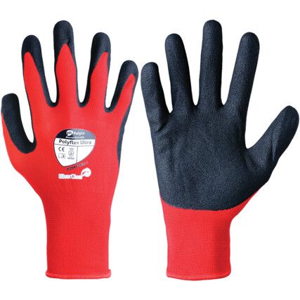 9114 Polyflex Ultra Mechanical Hazard Gloves, Black/Red, Nylon Liner, Polyurethane/Nitrile Coating, EN388: 2016, 4, 1, 2, 1, X, Size 10