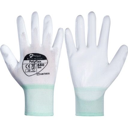 8800 Polyflex® Mechanical Hazard Gloves, White, Nylon Liner, Polyurethane Coating, EN388: 2016, 4, 1, 3, 1, X, Size 6