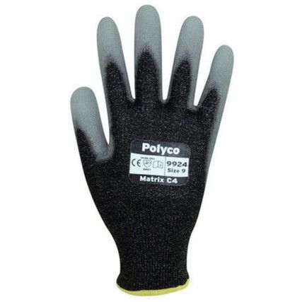 Matrix C4, Cut Resistant Gloves, Black/Grey, PU Palm, Fleece Liner, EN388: 2003, 4, 4, 4, 1, Size 8