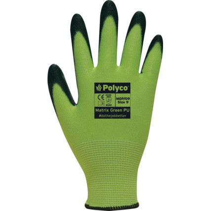 Matrix, Cut Resistant Gloves, Black/Green, PU Palm, Glass Fibre/Knitted Liner, EN388: 2016, 4, X, 4, 3, C, Size 11