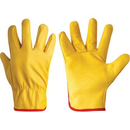 General Handling Gloves, Yellow, Leather Coating, Cotton/Fleece Liner, Size 10