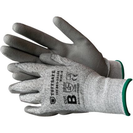 Cut Resistant Gloves, Grey, EN388: 2016, 4, X, 4, 2, B, PU Palm Coated, HPPE Liner, Size 9