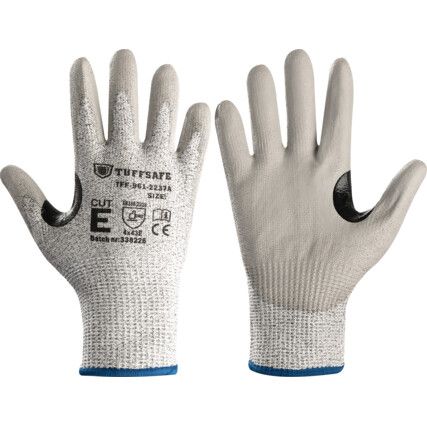 Cut Resistant Gloves, Grey, PU Palm, HPPE Liner, EN388: 2016, 4, X, 4, 3, E, Size 6