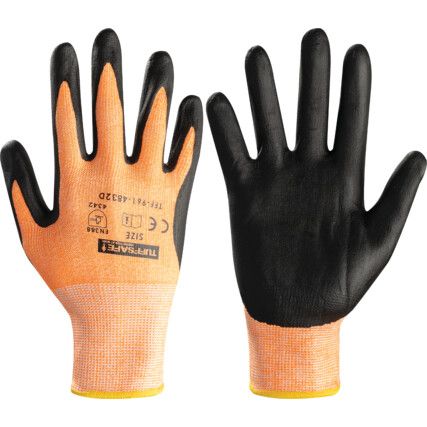 Cut Resistant Gloves, Black/Orange, EN388: 2003, 4, 3, 4, 2, Nitrile Foam Palm, HPPE Liner, Size 10