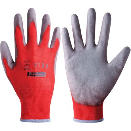 Mechanical Hazard Gloves, Red/Grey, Nylon Liner, Polyurethane Coating, EN388: 2003, 4, 1, 2, 1, Size 10