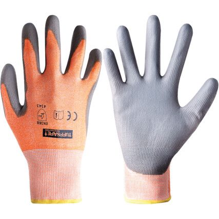 Cut Resistant Gloves, Grey/Orange, PU Palm, HPPE Liner, EN388: 2003, 4, 3, 4, 3, Size 9