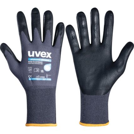 60049 Phynomic Allround Mechanical Hazard Gloves, Black/Grey, Polyamide Liner, Aqua-Polymer Foam Coating, EN388: 2016, 3, 1, 3, 1, X, Size 9