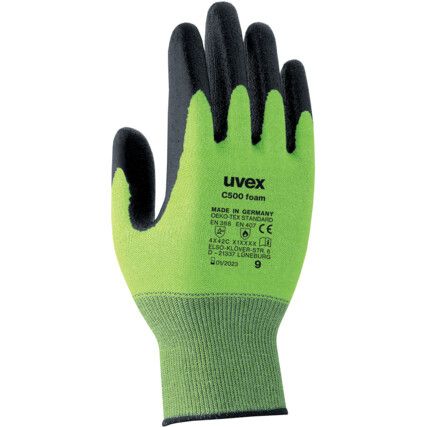 Cut Resistant Gloves, Grey/Lime Green, HPE Palm, Bamboo Liner, EN388: 2016, 4, X, 4, 2, C, Size 8