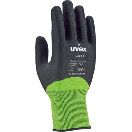 Cut Resistant Gloves, Grey/Lime Green, HPE Back of the Hand & Palm, Bamboo-viscose Liner, EN388: 2016, 4, X, 4, 2, C, Size 10