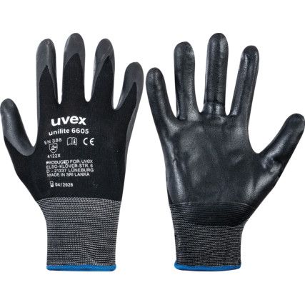 Unilite 6605 Mechanical Hazard Gloves, Black, Nylon Liner, Nitrile Coating, EN388: 2016, 4, 1, 2, 2, X, Size 8