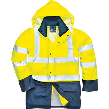 Sealtex, Hi-Vis Jacket, Unisex, Navy Blue/Yellow, Polyester, Studded Storm Flap/Two Way Zipper Closure, Packaway Hood, 2XL