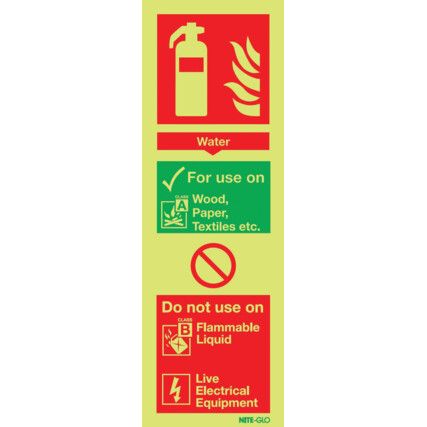 Water Fire Extinguisher Photoluminescent Rigid PVC Sign 90mm x 280mm