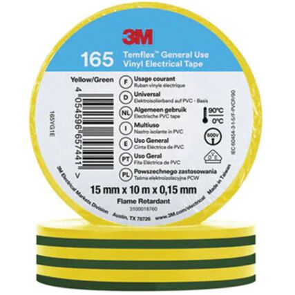 Temflex 165 Electrical Tape, Vinyl, Green/Yellow, 15mm x 10m, Pack of 1