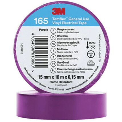 Temflex 165 Electrical Tape, Vinyl, Purple, 15mm x 10m, Pack of 1