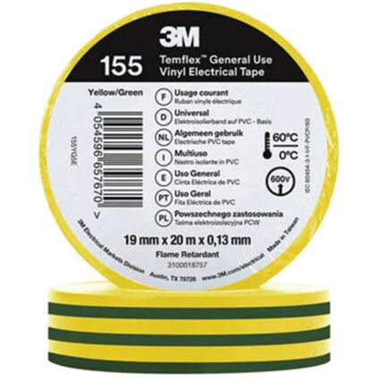 Temflex 155 Electrical Tape, Vinyl, Green/Yellow, 19mm x 20m, Pack of 1