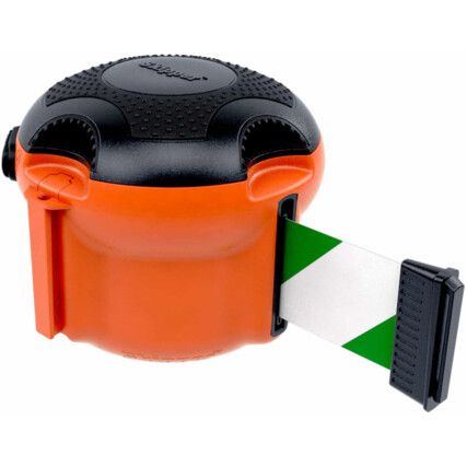 XS Unit Retractable Belt Barrier, Nylon, Orange, Green/White Tape