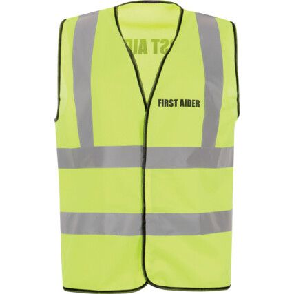 Hi-Vis Vest, Yellow (XL) C/W First Aider Black Text Front & Back