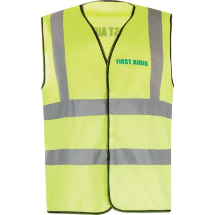 Hi-Vis Vest, Yellow (L) C/W First Aider Green Text Front & Back