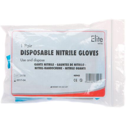 Disposable Gloves, Blue, Nitrile, Powder Free, Size One Size, 1 Pair