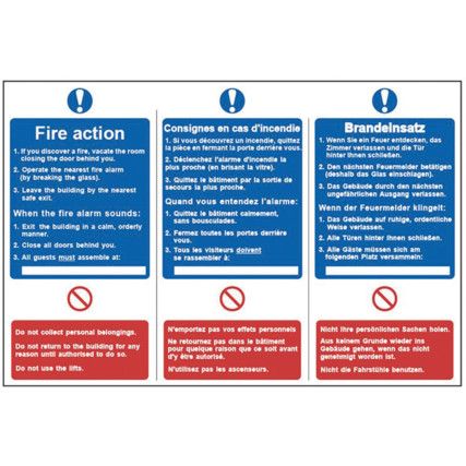 FIRE ACTION NOTICE (ENGLISH / FRENCH / GERMAN) - PVC (300 X 200MM)