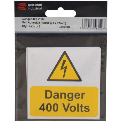 DANGER 400 VOLTS - PACK 5 PVC (75X 75MM)