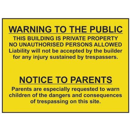 WARNING TO THE PUBLIC AND PARENTS- RPVC (600 X 450MM)