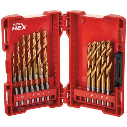 RED-HEX (1/4"HEX) SHOCKWAVE HSSG TiN DRILL SET 2-10mm 19PC