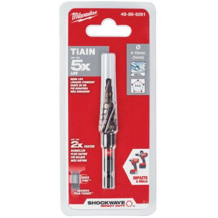 1/4"HEX; SHOCKWAVE TiAN STEP DRILL 4 TO 12mm x1mm STEPS