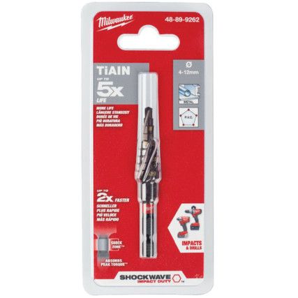 1/4"HEX; SHOCKWAVE TiAN STEP DRILL 4 TO 12mm x2mm STEPS