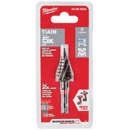 1/4"HEX; SHOCKWAVE TiAN STEP DRILL 4 TO 20mm