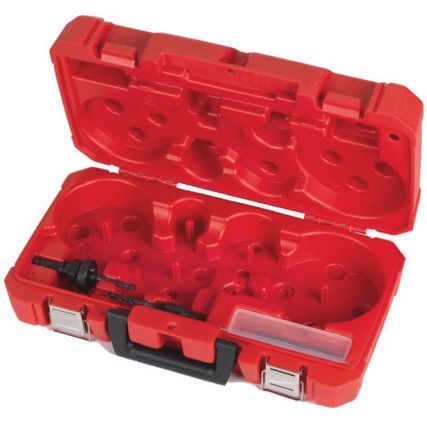 EMPTY HOLESAW CASE WITH ARBORS AND PILOT DRILL BITS IN