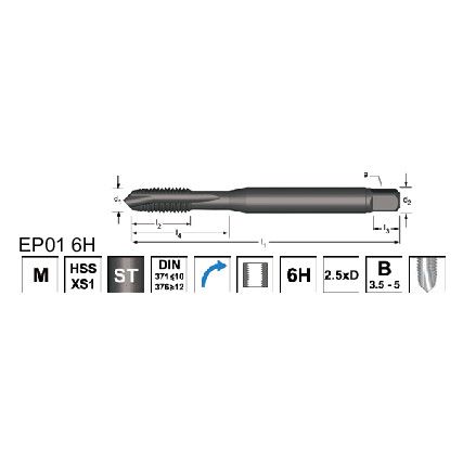 EP016H, Machine Tap, M2.5 x 0.45mm, Metric Coarse, Spiral Point, Cobalt High Speed Steel, Steam Tempered